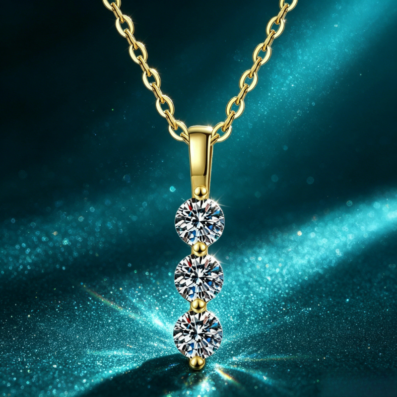 Unisex 925 Silver 0.9 Carat Moissanite Three-Stone Pendant Necklace